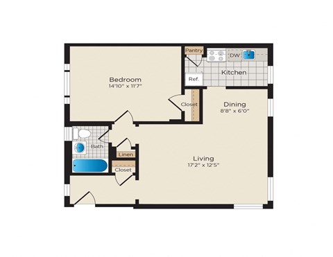 Floor plan for 1 bed, 1 bath, 582 sqft